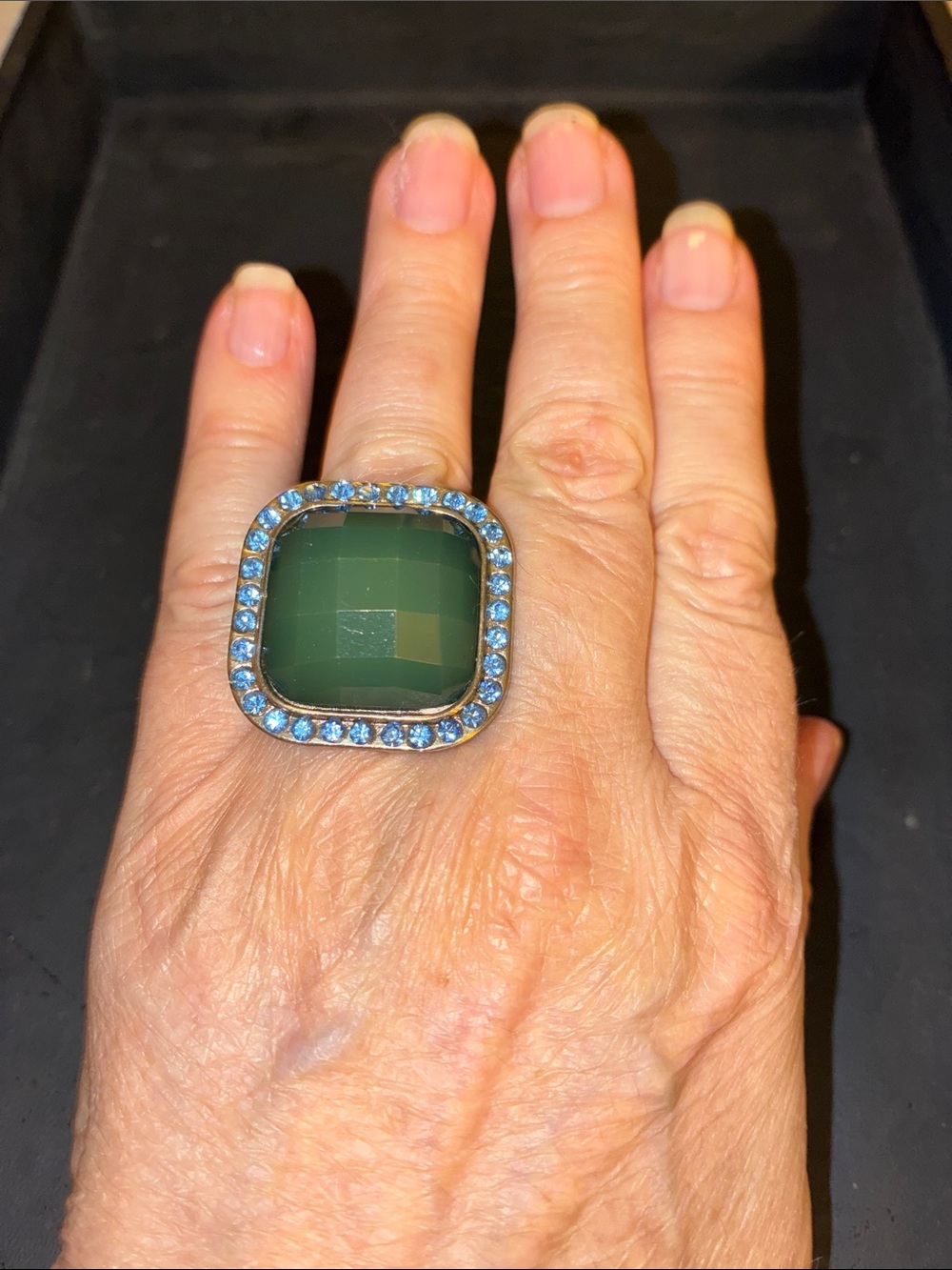 Green Stone Cocktail Stretch Ring with Blue Accent Stones
